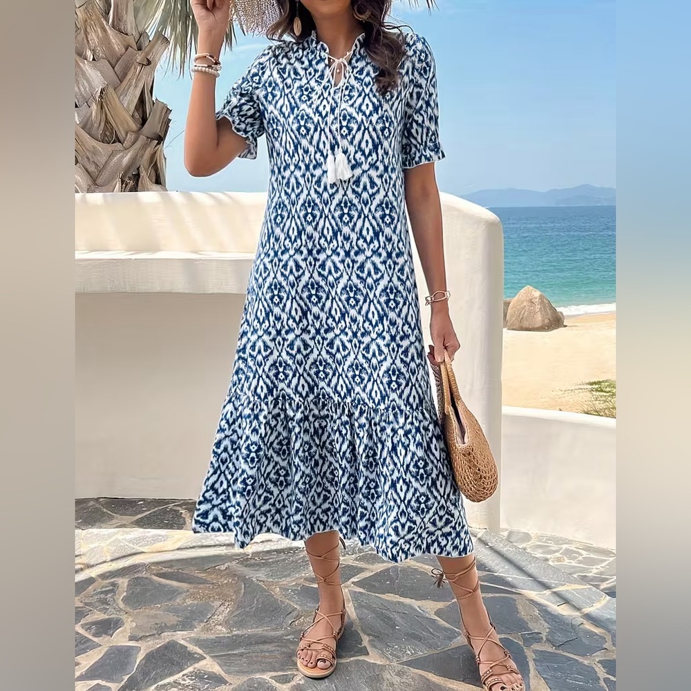 Blue Ikat Midi Maxi Dress with Tassel Tie